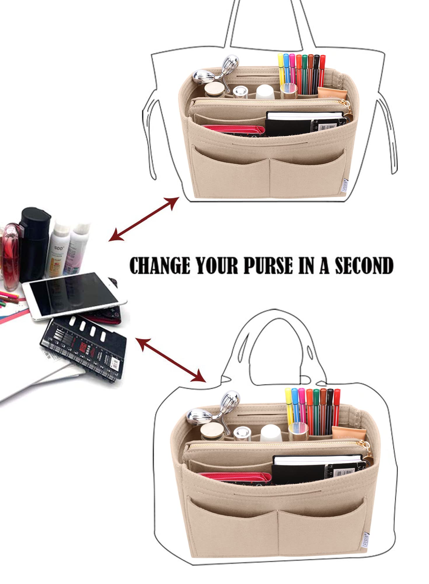 LEXSION metal zipper keeps belongings secure while preserving bag shape.