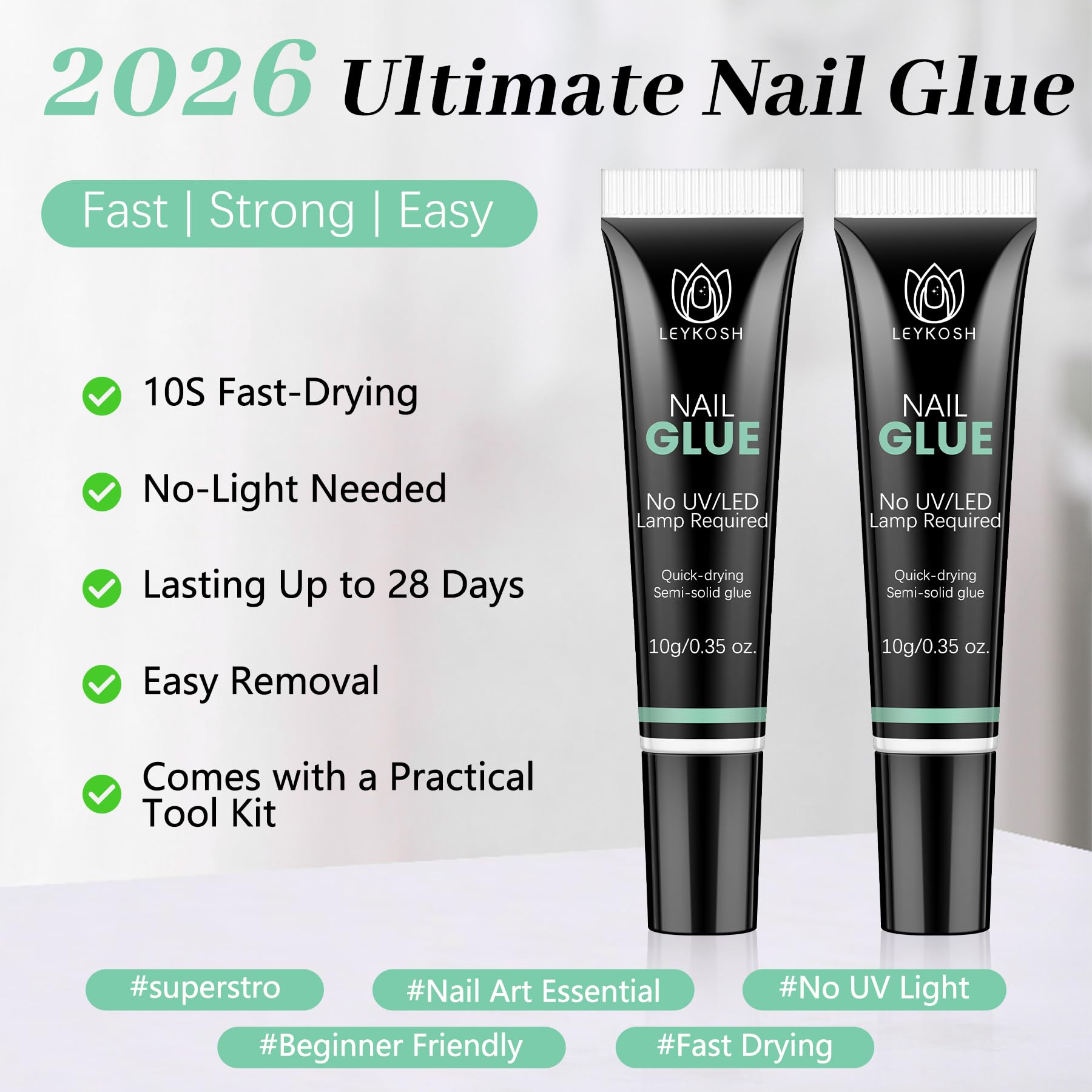 LEYKOSH 28-day hold nail glue for durable press-ons in daily wear.