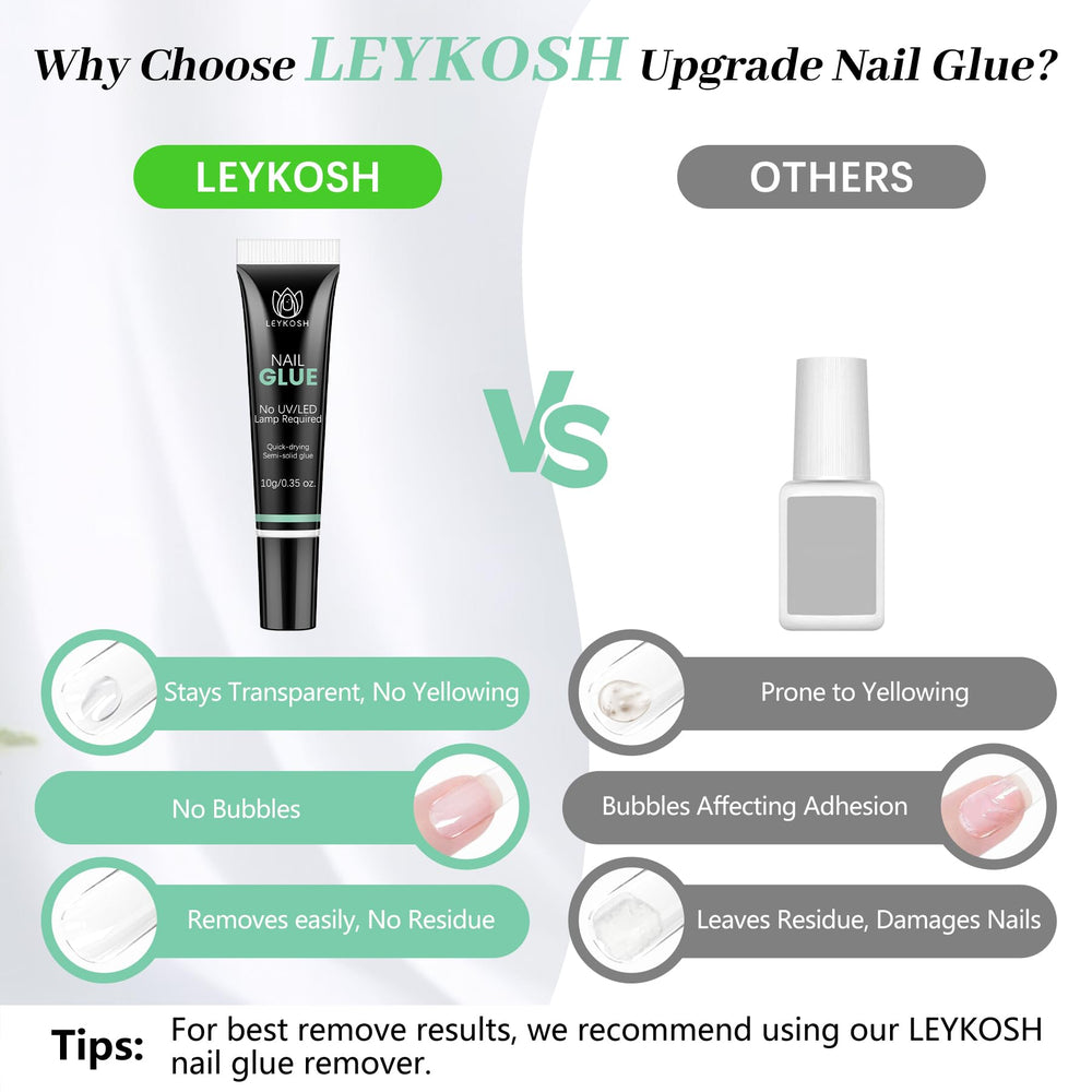 LEYKOSH remover-compatible glue for easy cleanup after nail art.