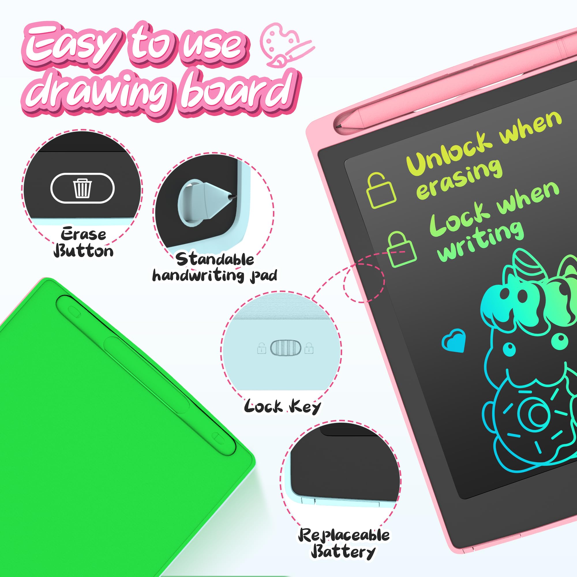LEYAOYAO pink front-view 3-pack drawing tablet encourages colorful kid doodling.