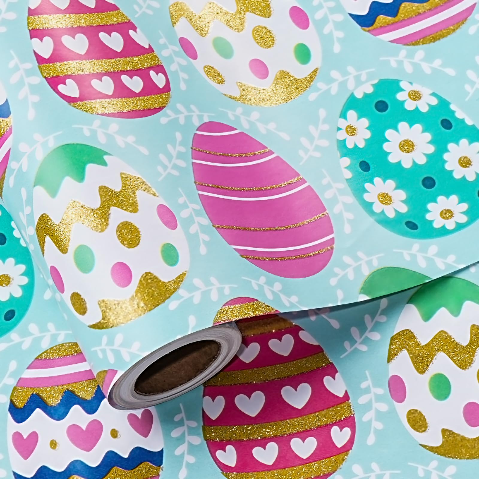 LeZakaa Easter wrapping paper roll with glitter eggs on light blue for festive gift wrapping.