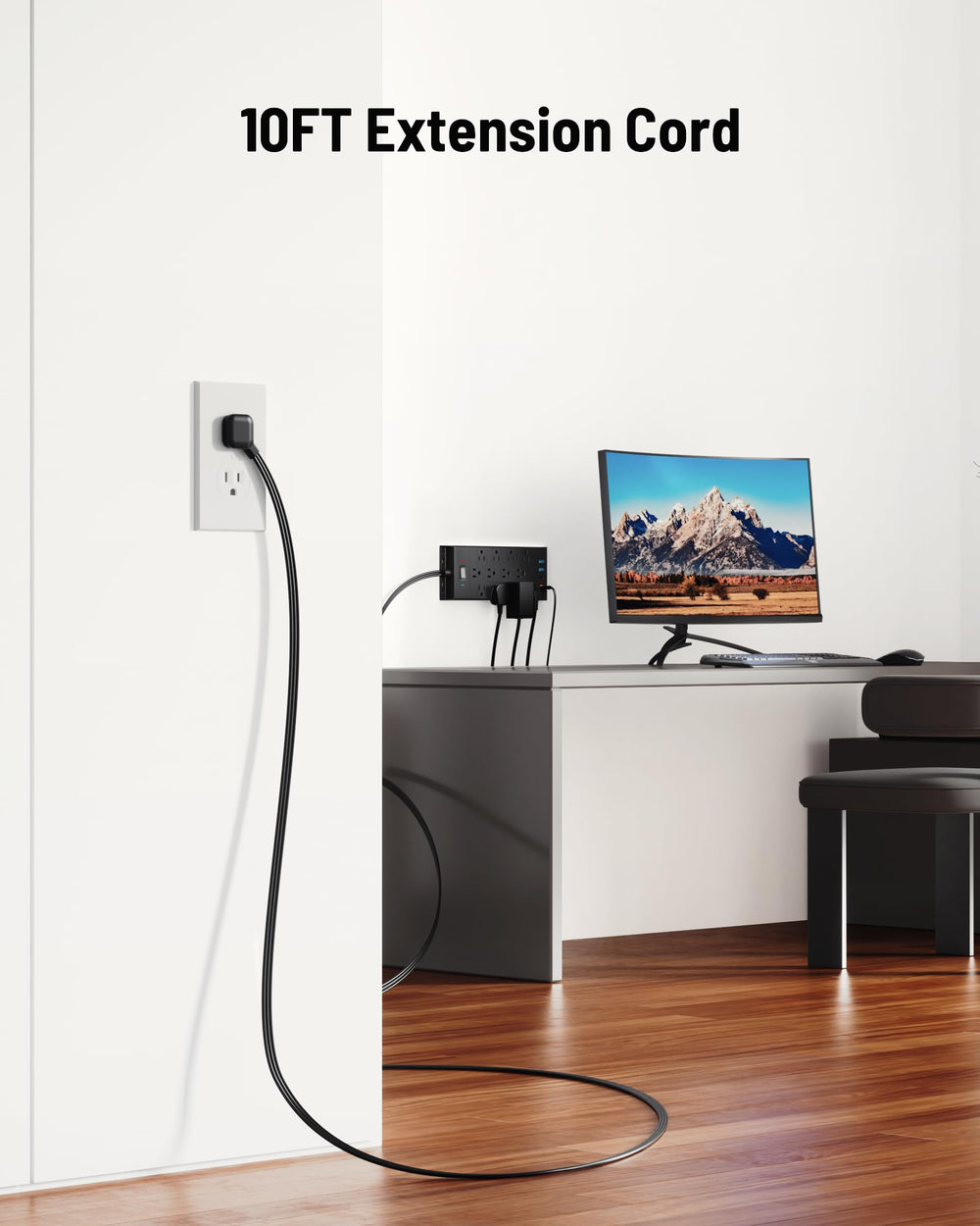 LeZone surge protector 10-foot extension cord extending power to distant desk areas.