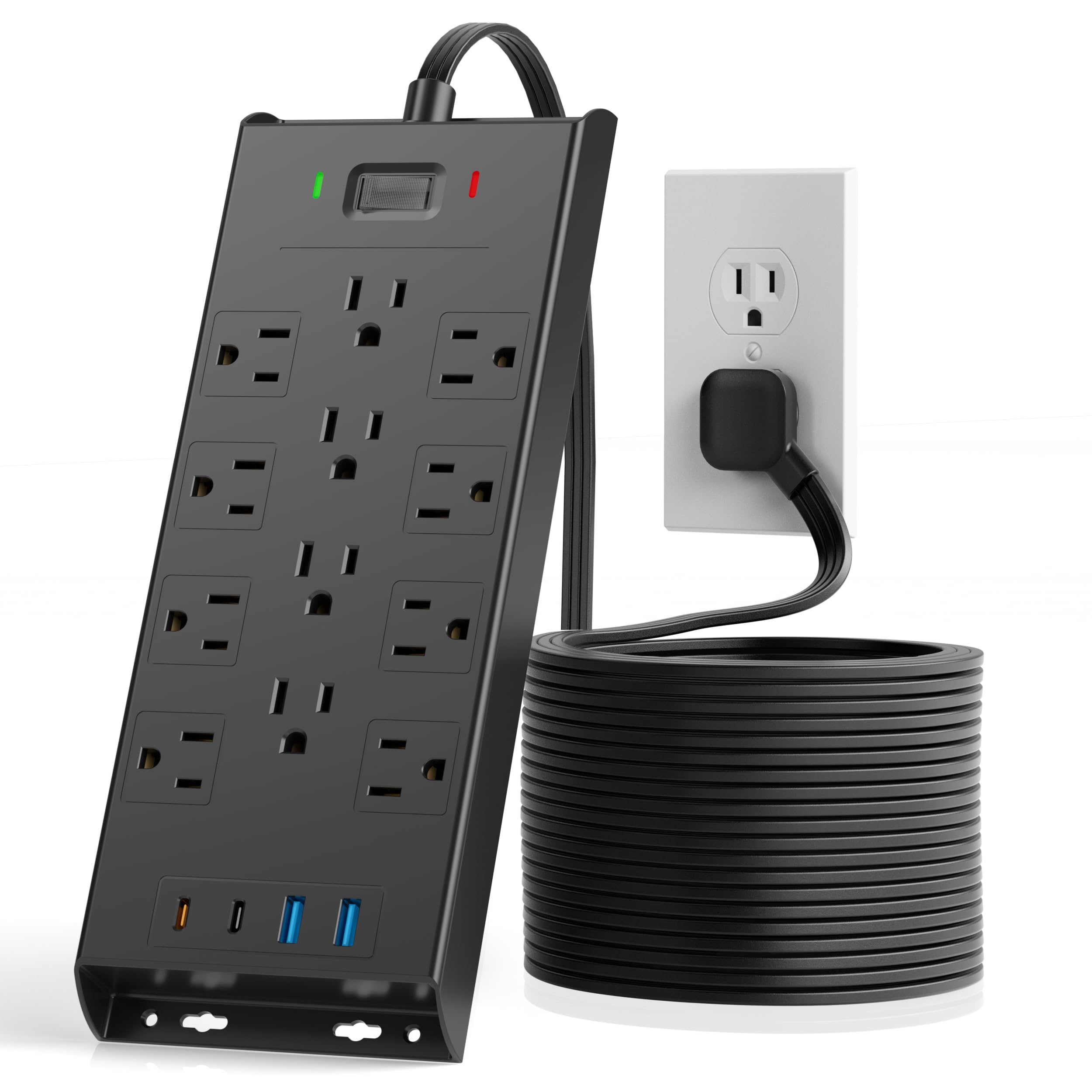 LeZone surge protector with 12 outlets, front view, ideal for a busy workspace.