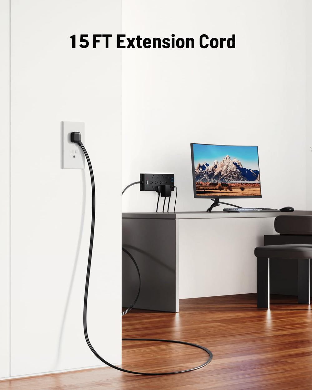 LeZone 15ft extension cord reaches distant outlets for flexible setup.