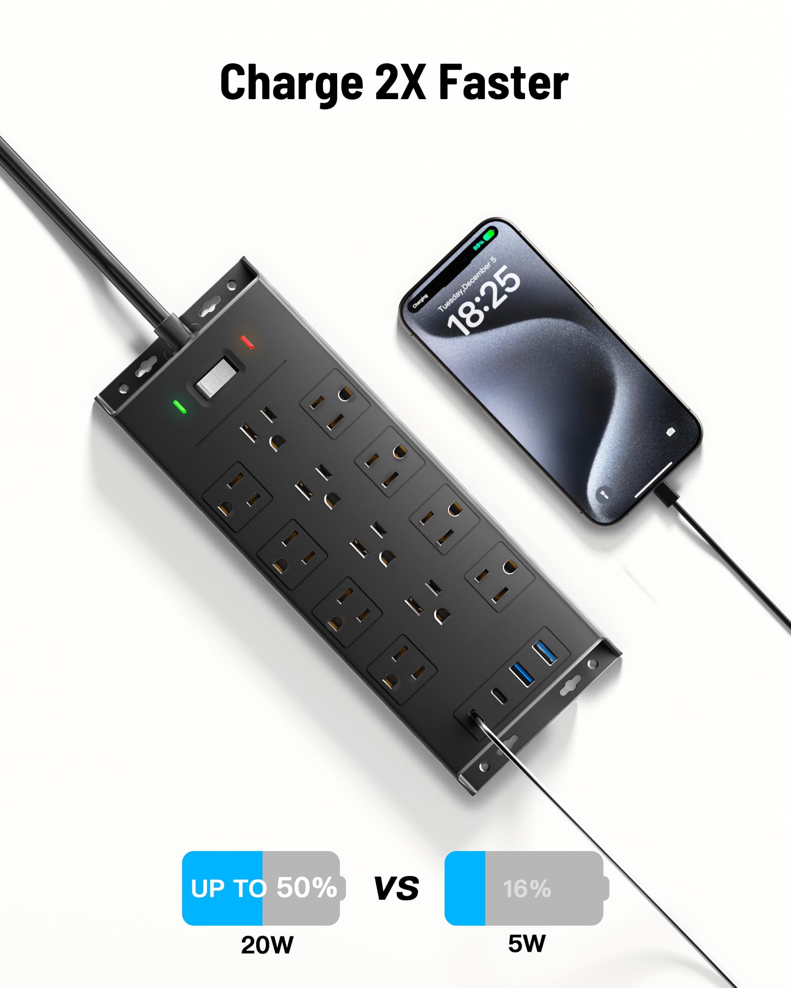 LeZone surge protector black desk setup in a modern workspace.