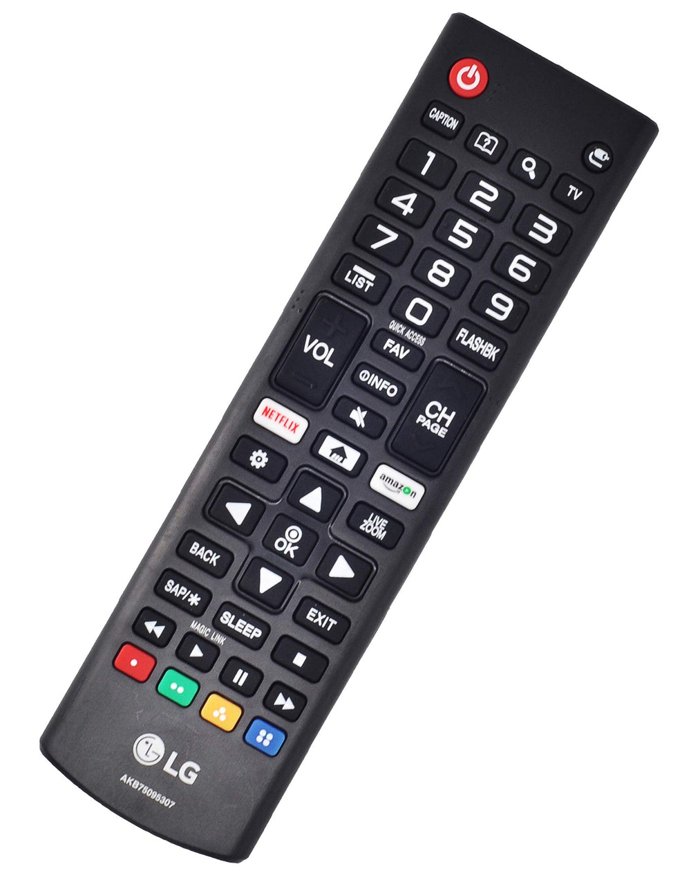 Top view of LG AKB75095307 remote with ergonomic button arrangement