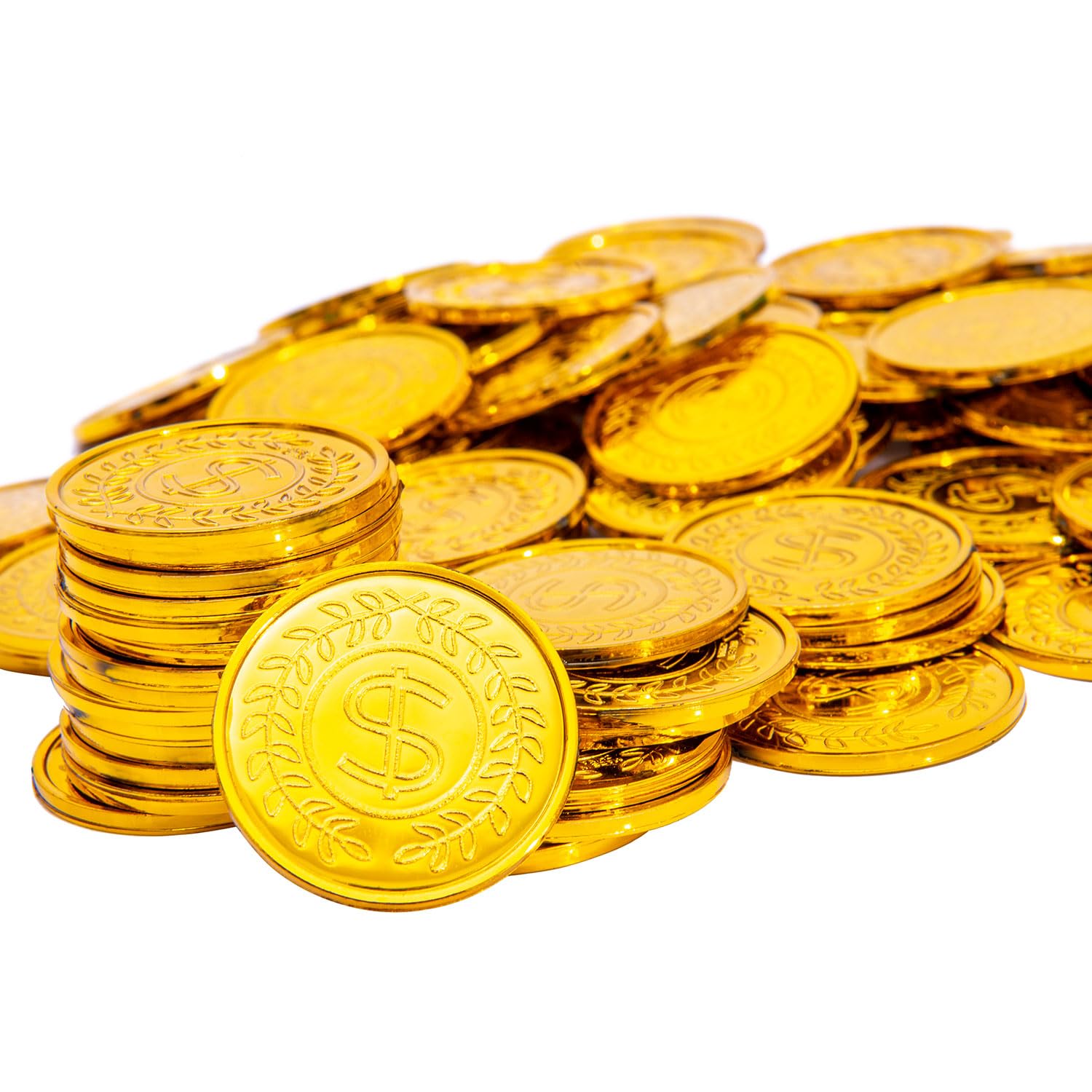 Liatunou gold coins 100pcs pack for treasure hunts and party decor.