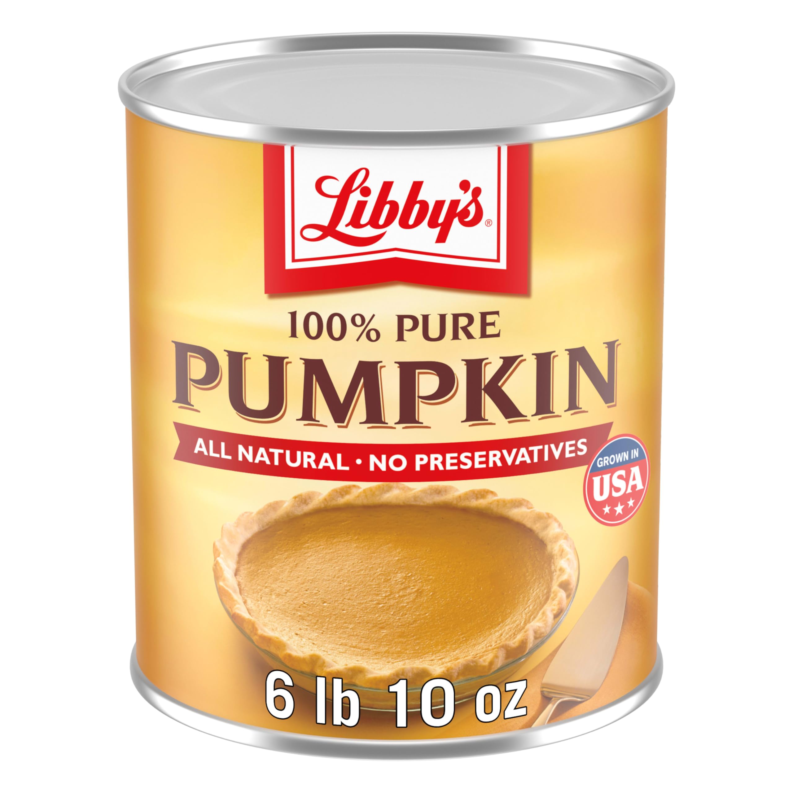 Libby’s canned pumpkin 6 lb 10 oz can on a pantry shelf, ideal for pies.