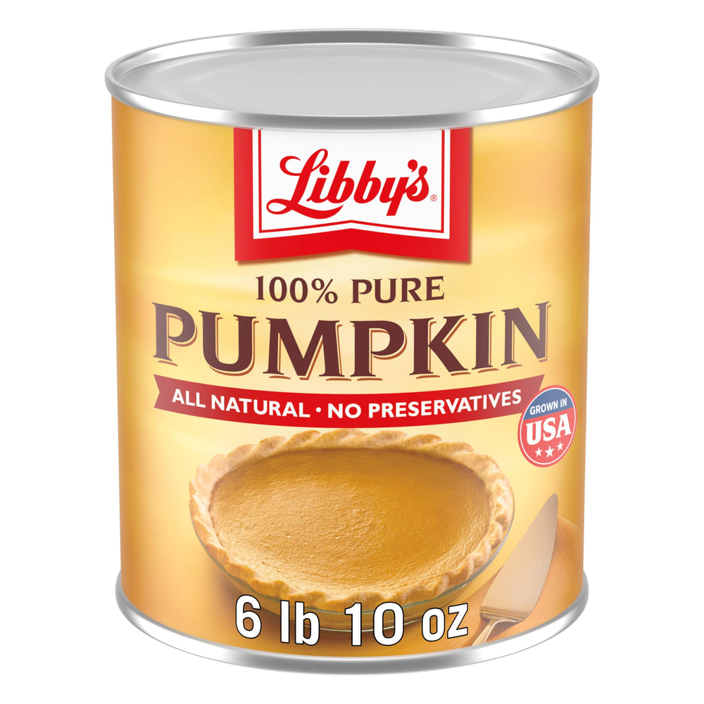 Libby’s canned pumpkin 6 lb 10 oz can on a pantry shelf, ideal for pies.