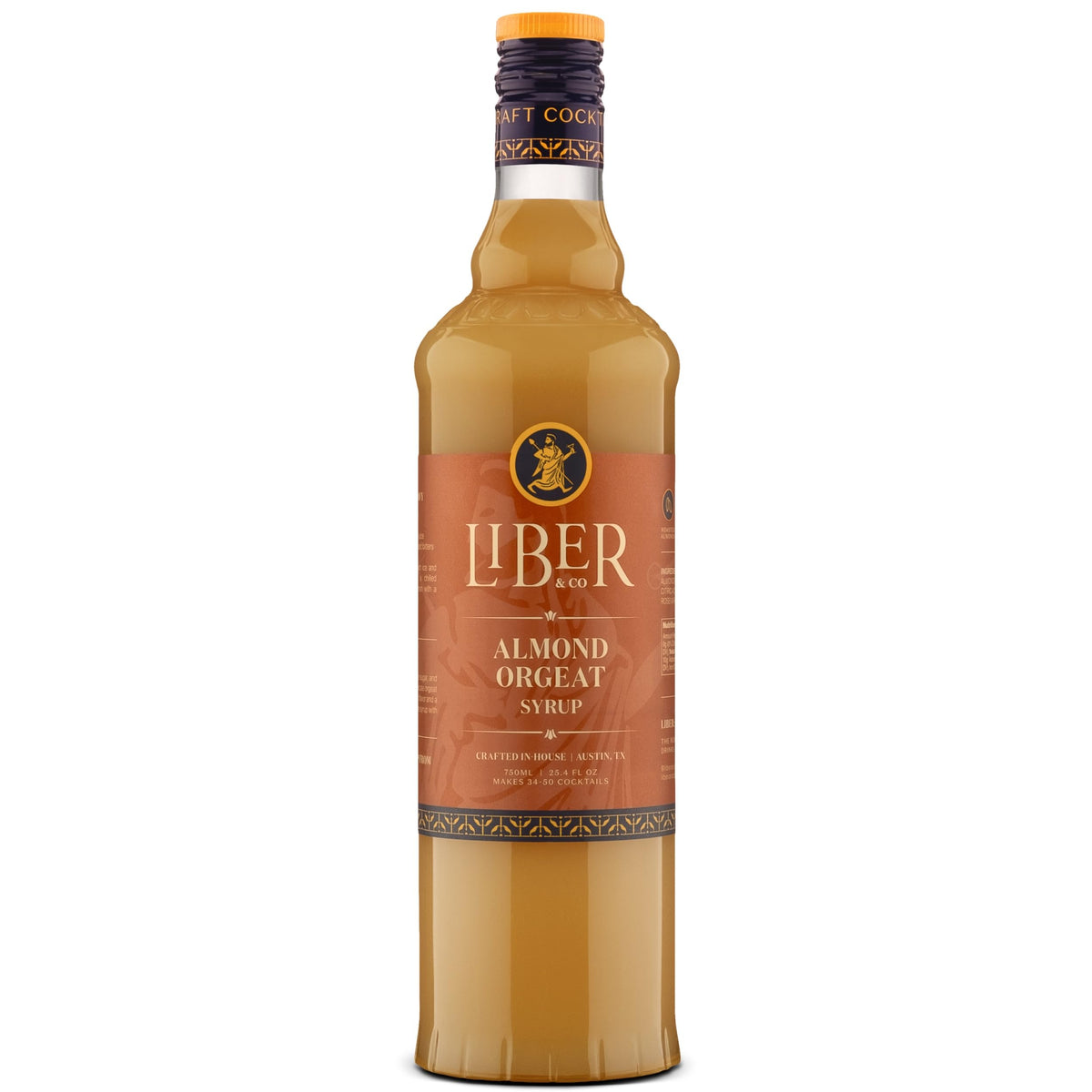 Liber & Co. almond orgeat bottle delivers authentic almond flavor for tiki cocktails.