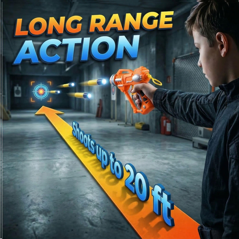 Liberty Imports foam dart blaster with up to 20 ft range supports dynamic play.