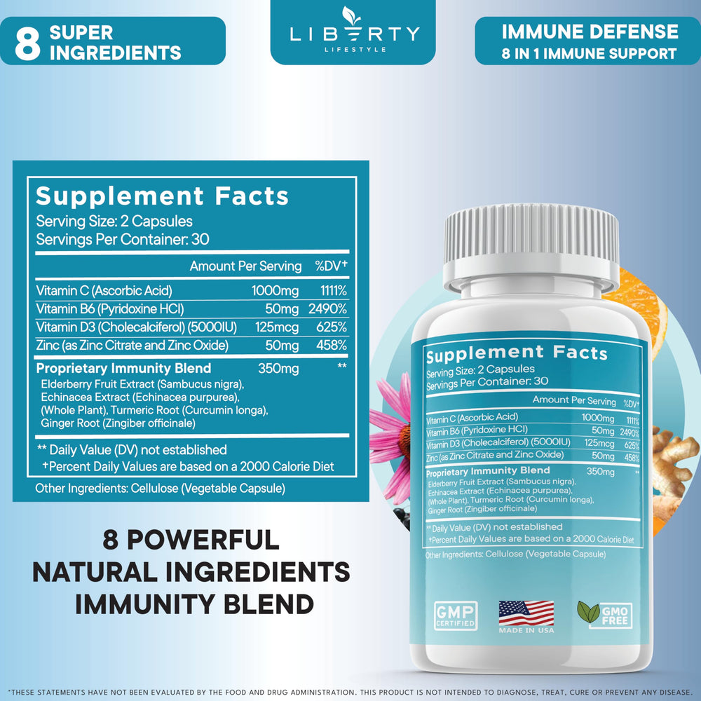 Liberty Lifestyle 8in1 immune bottle packaging ready for daily routine.