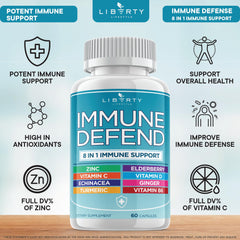 Liberty Lifestyle 8in1 immune bottle side shows dosage and easy daily use.