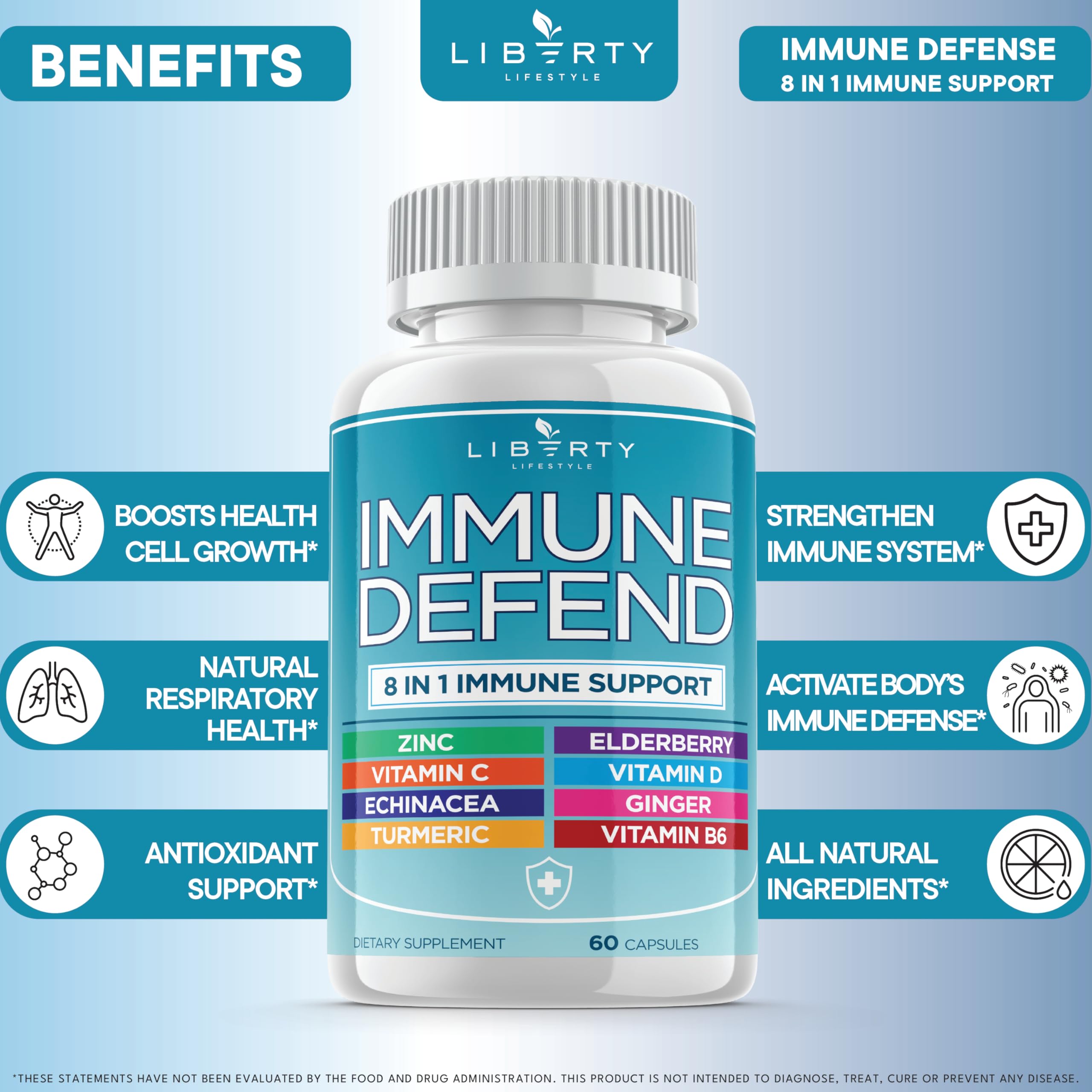 Liberty Lifestyle 8in1 immune capsules close-up highlights easy-to-swallow capsules.