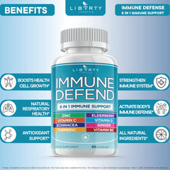 Liberty Lifestyle 8in1 immune capsules close-up highlights easy-to-swallow capsules.