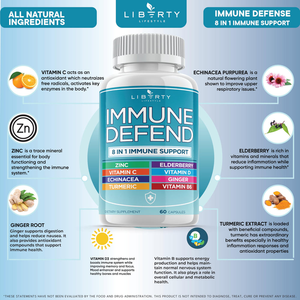 Liberty Lifestyle 8in1 immune turmeric-ginger ingredients suggest comforting herbal pairing.