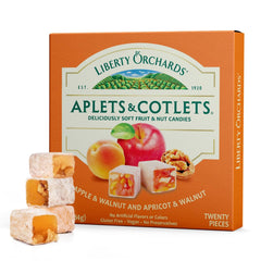 Liberty Orchards Aplets & Cotlets gift box front view, premium chewy fruit-and-nut candy.