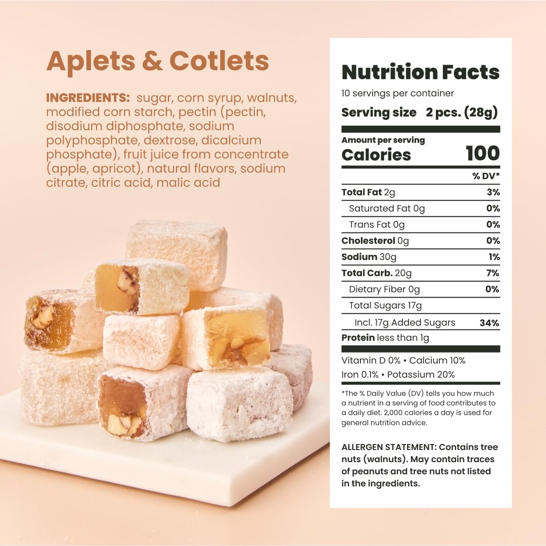 Liberty Orchards Aplets & Cotlets ingredients close-up, natural flavors and no artificial colors.