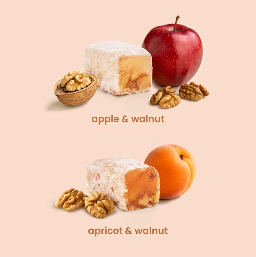 Liberty Orchards Turkish Delight texture close-up, soft bites with apricot and walnut.