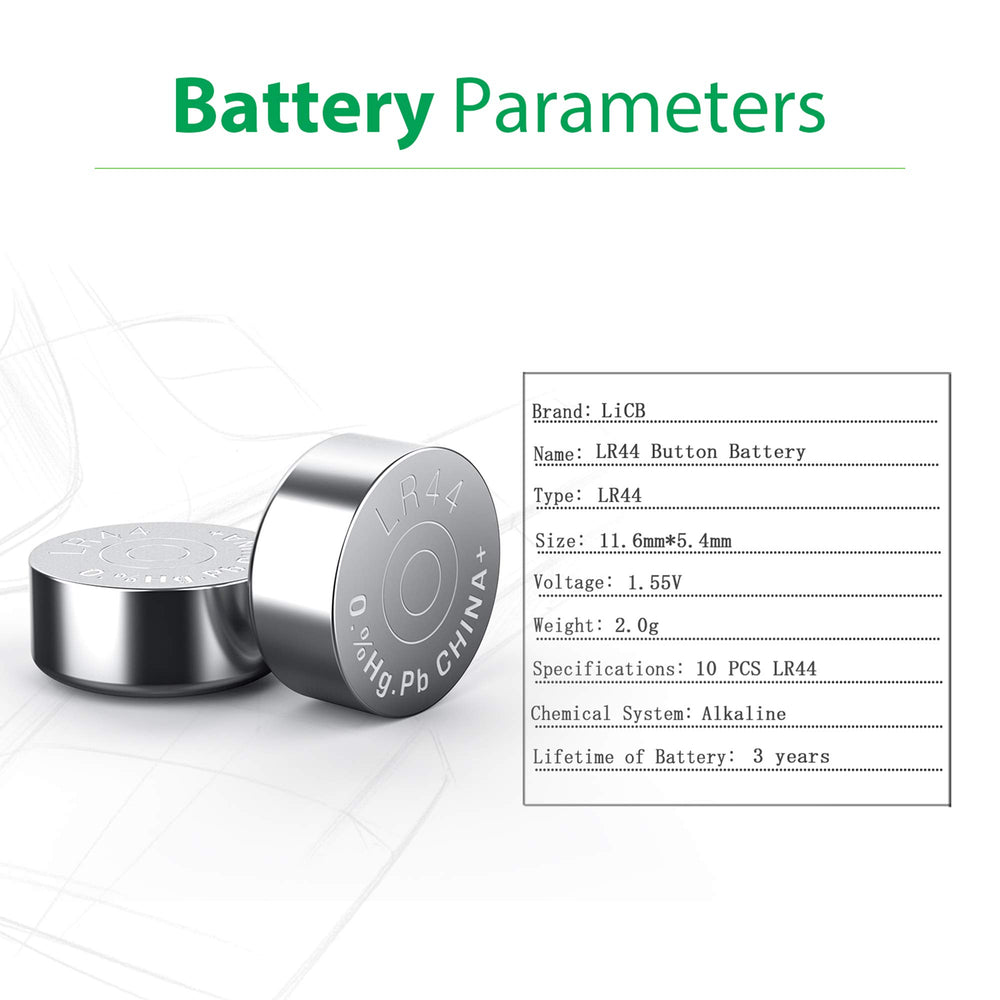 LiCB AG13 batteries 10-pack for calculators and toys.