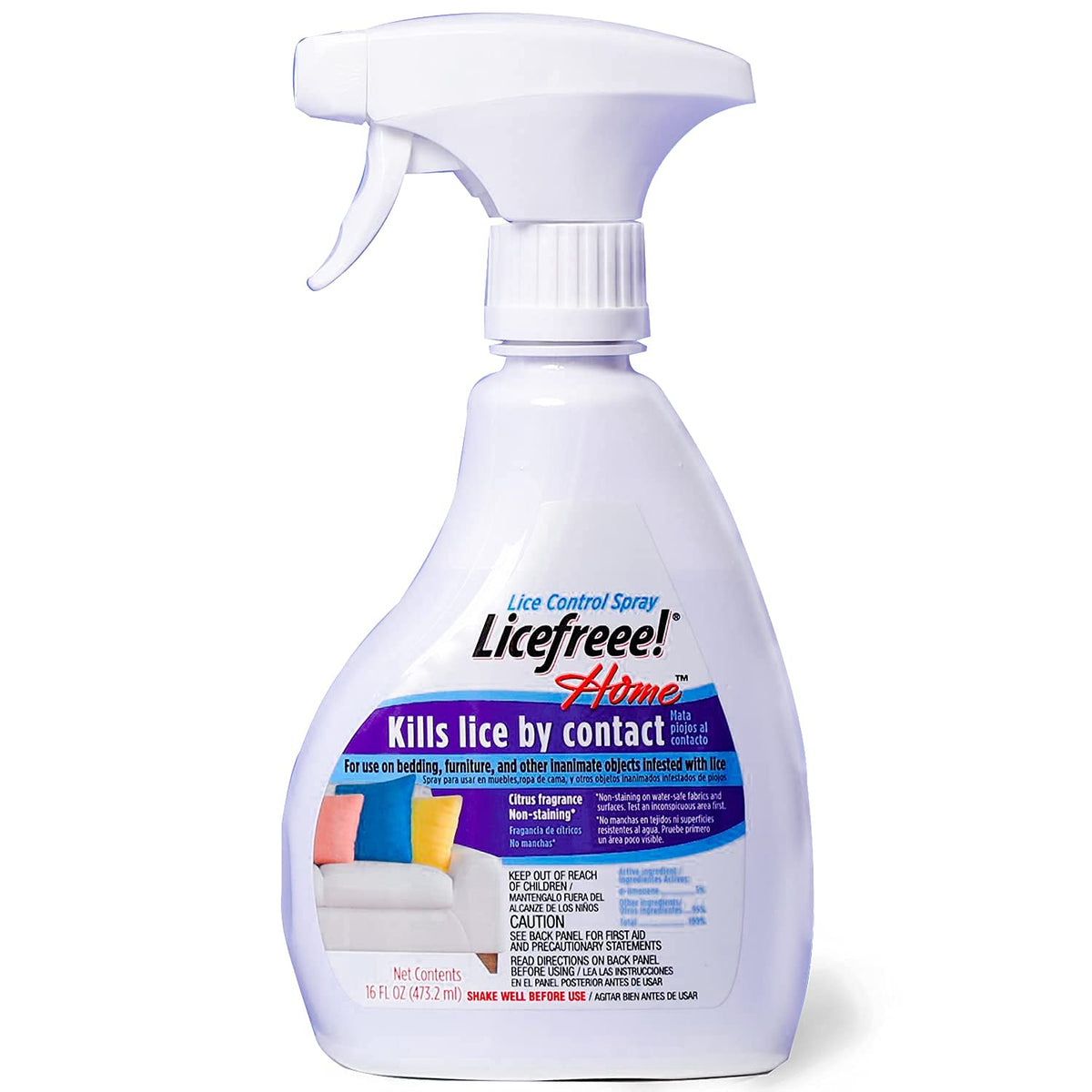 Licefreee Spray for furniture kills lice on contact with a fresh citrus scent.