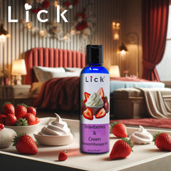 Close up of LICK strawberries and cream flavor label on bottle
