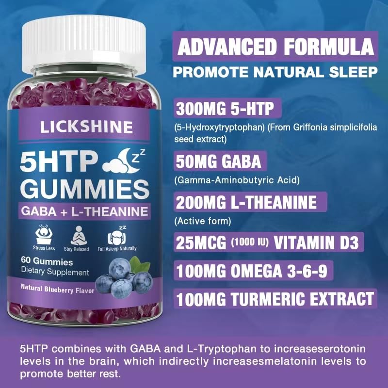 Lickshine 5HTP GABA gummies close-up highlighting calm mood before bed.