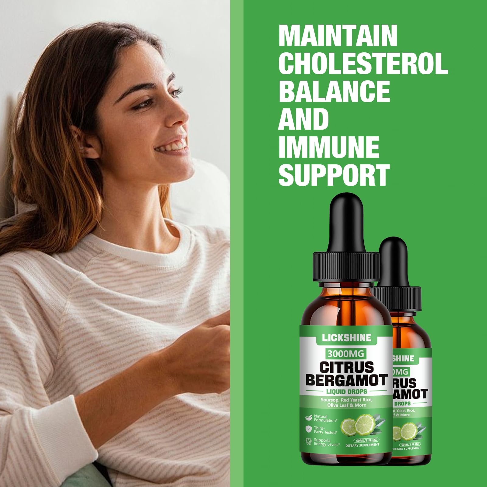 Lickshine citrus bergamot liquid drops 4 oz bottle packaging for on-the-go wellness.