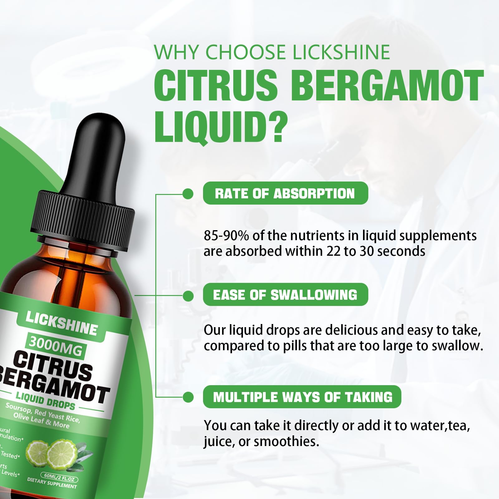 Lickshine citrus bergamot liquid drops added to water for easy consumption.