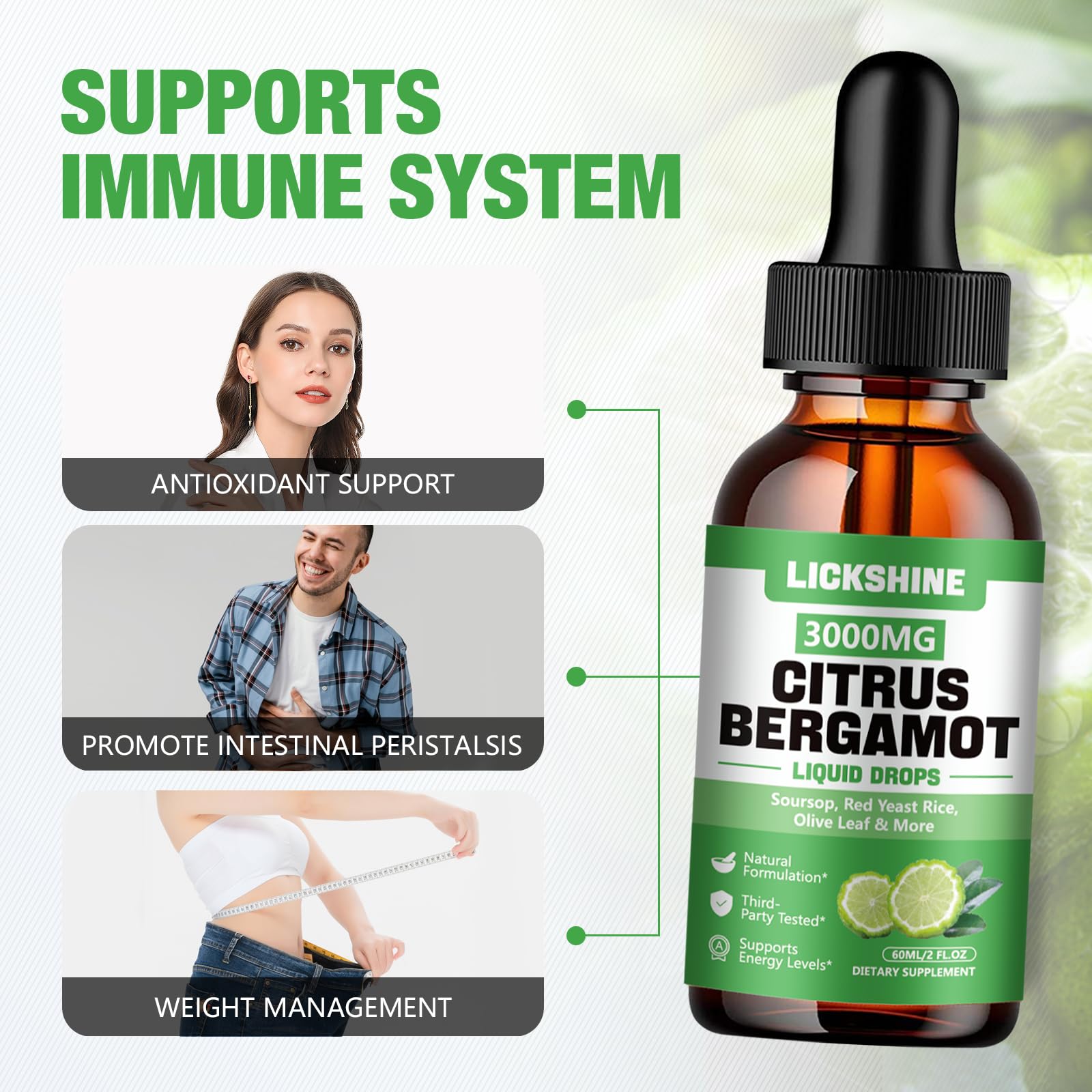 Lickshine citrus bergamot liquid drops ingredients panel featuring bergamot and soursop.