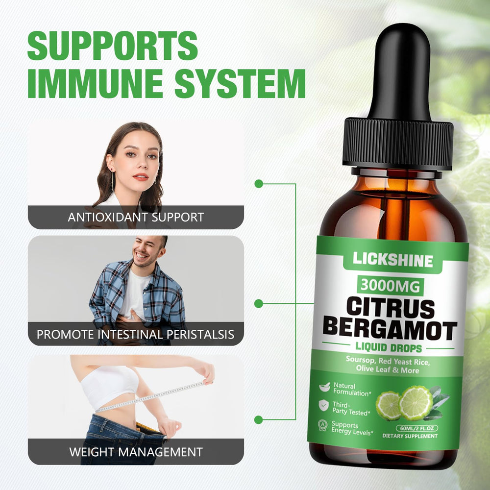 Lickshine citrus bergamot liquid drops ingredients panel featuring bergamot and soursop.
