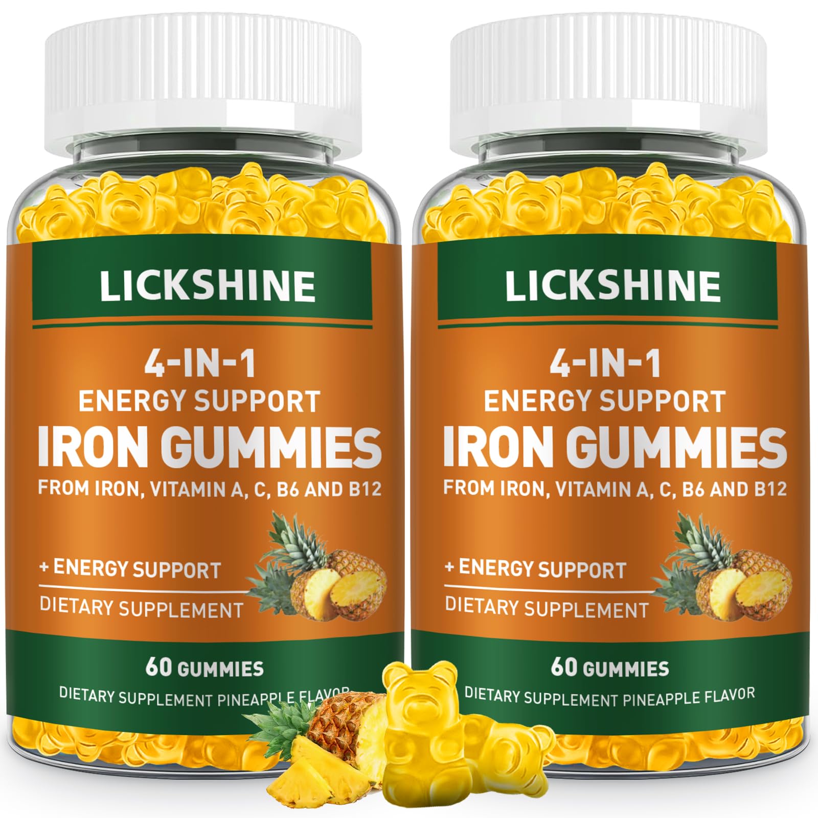 Lickshine iron gummies bottle pour highlights convenient daily intake with pineapple flavor.