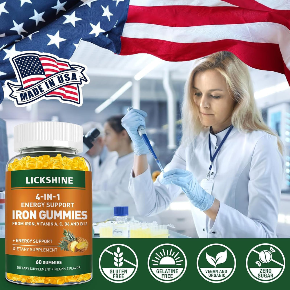 Lickshine iron gummies calcium and iron formula on packaging image.
