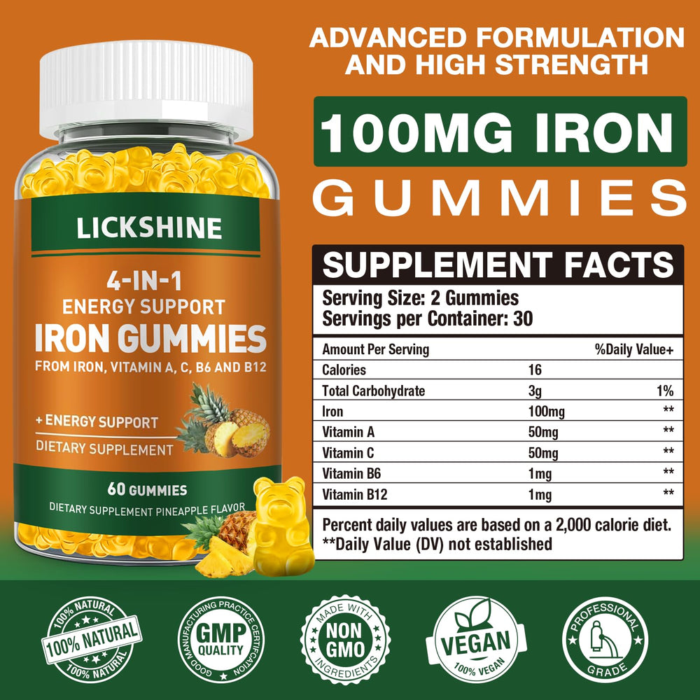 Lickshine iron gummies close-up texture emphasizes chewy pineapple flavor.