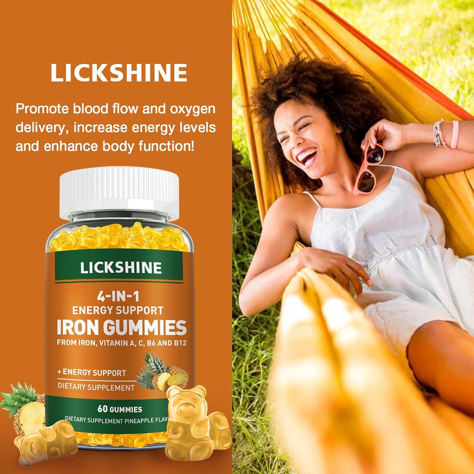 Lickshine iron gummies daily-use scene suggests energy support and habit formation.