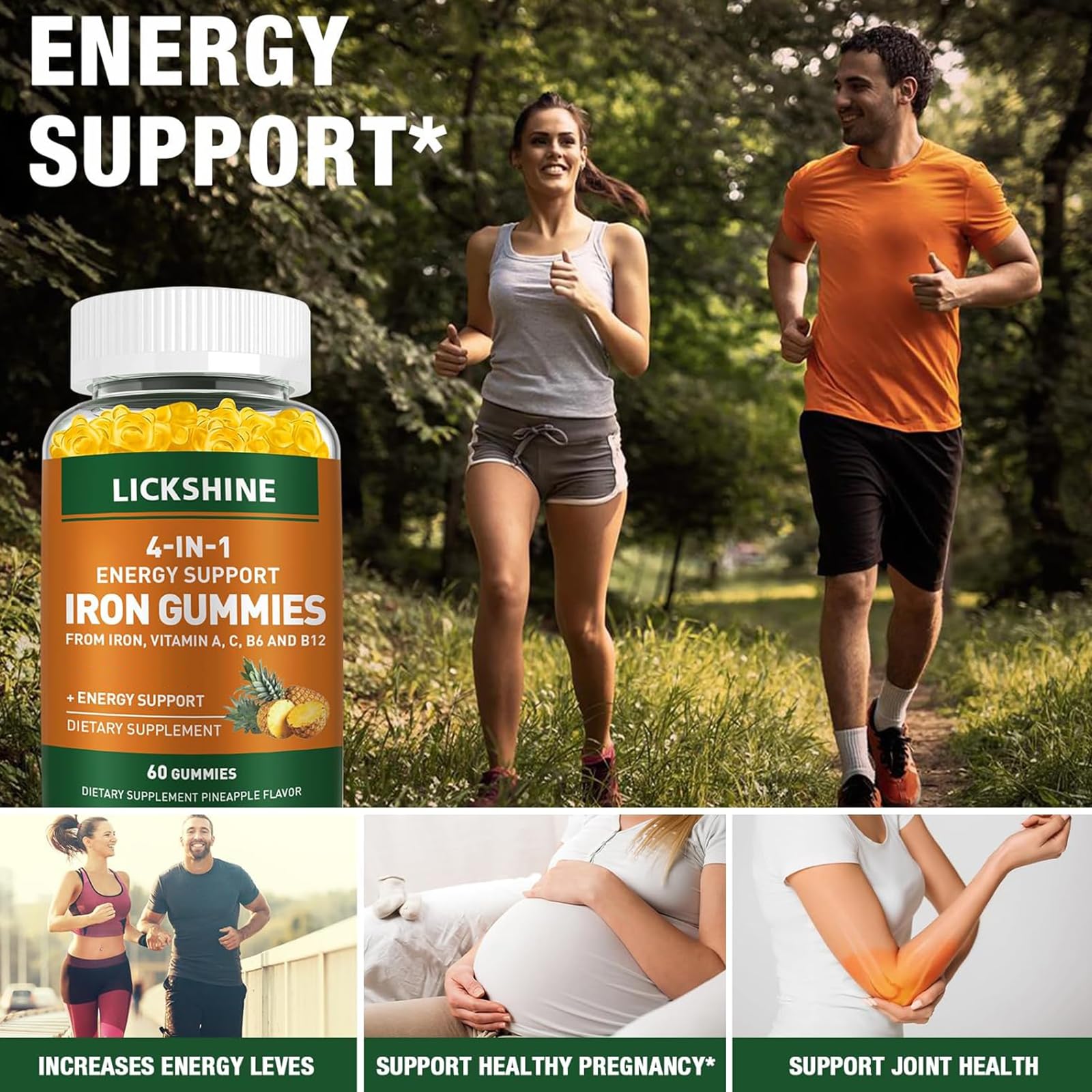 Lickshine iron gummies ingredients panel features vitamin C and B vitamins.