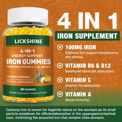 Lickshine iron gummies pack front view shows vegan iron supplement for all ages.