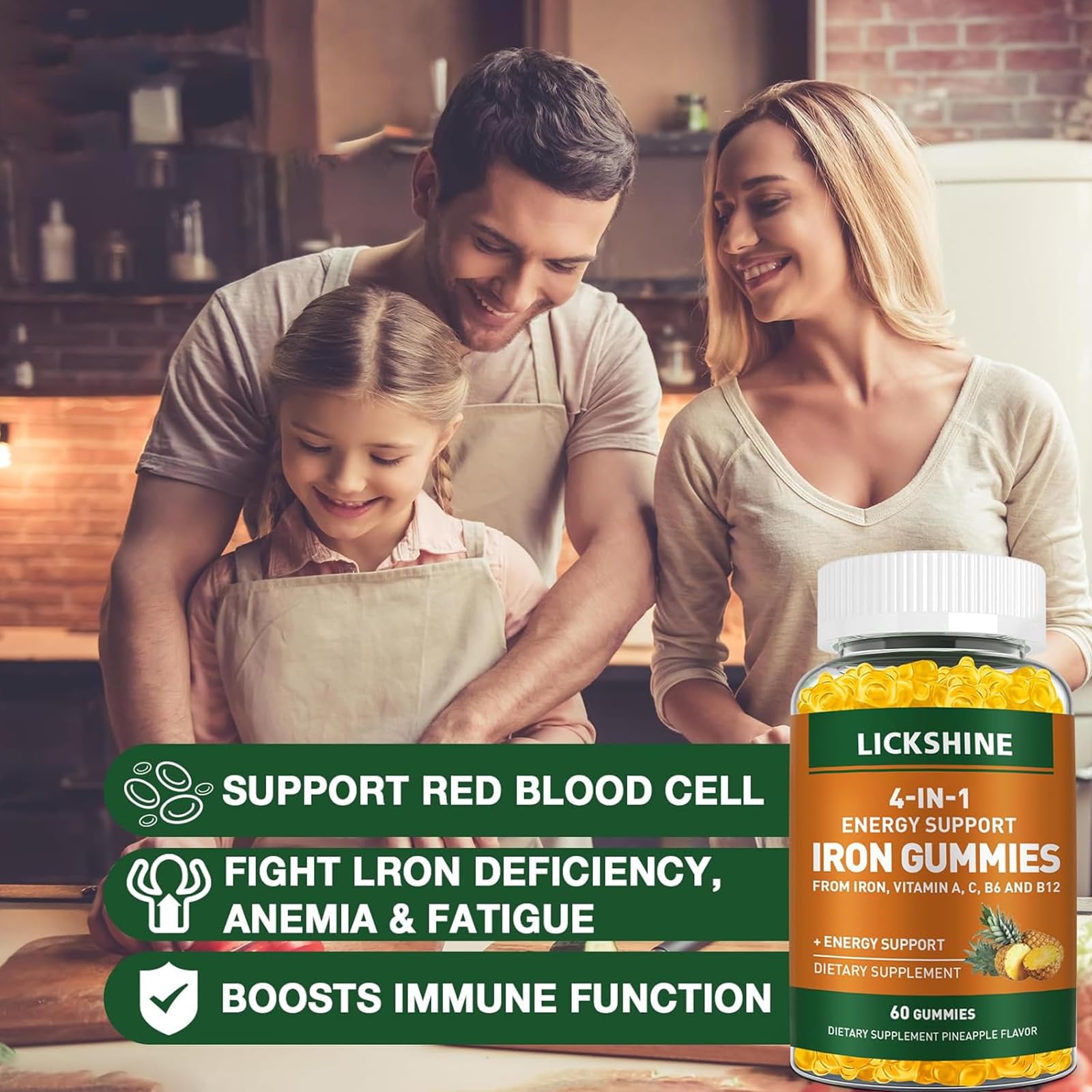 Lickshine iron gummies label emphasizes 100mg iron per gummy and vitamin blend.