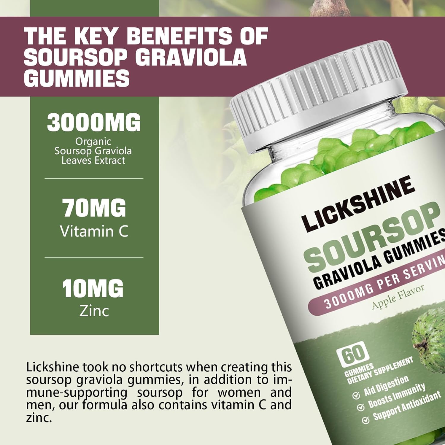 Lickshine soursop gummies bottle close-up showing 3000mg extract and vitamin C