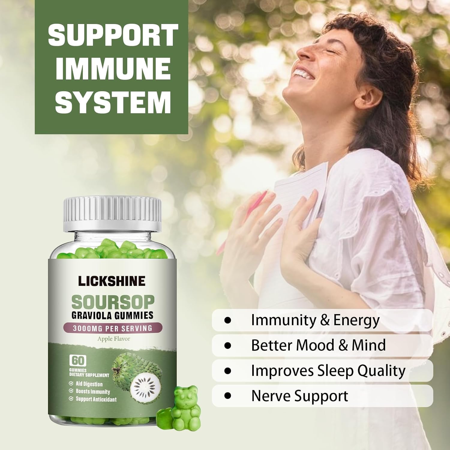 Lickshine soursop gummies label emphasizes non-GMO vegan formulation