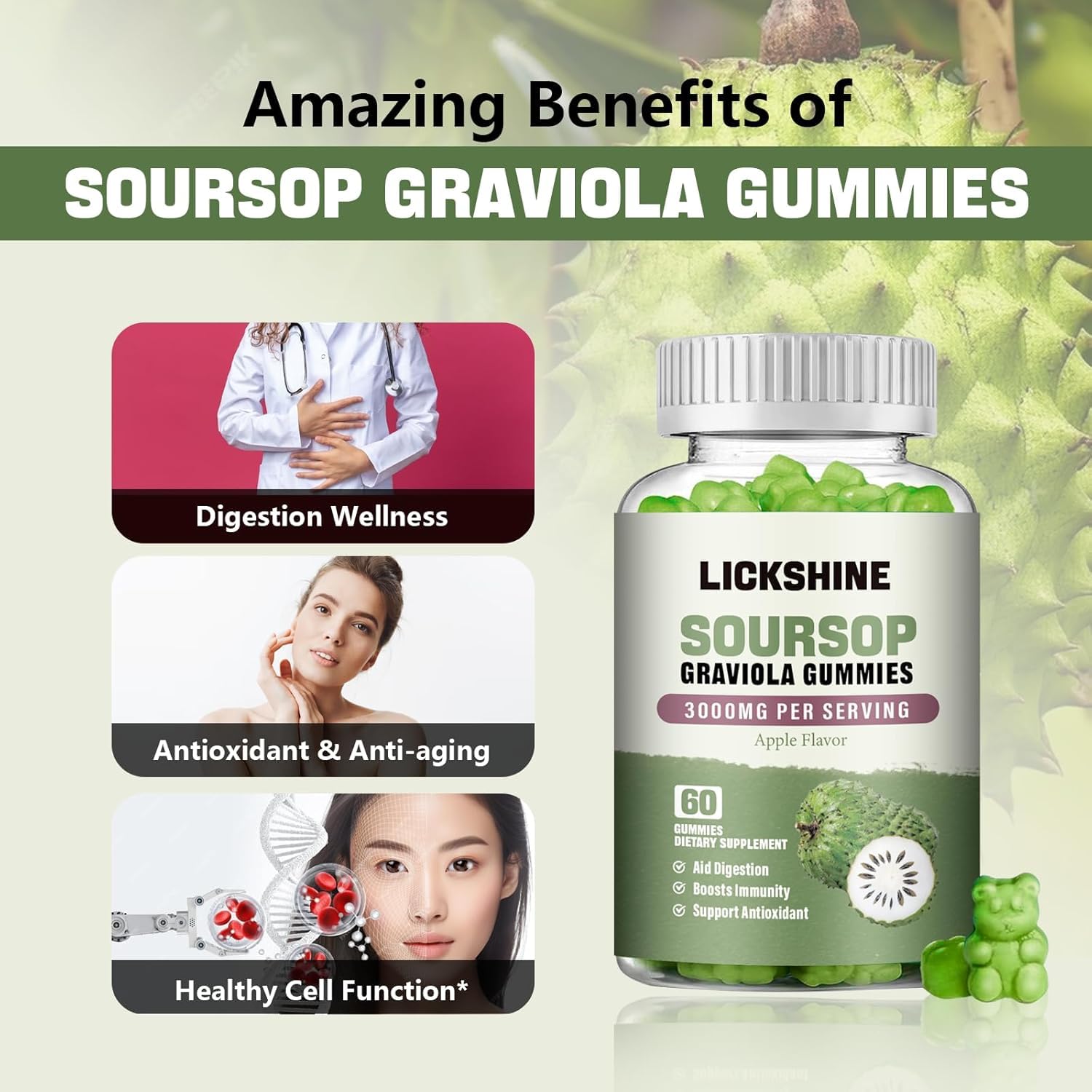Lickshine soursop gummies texture close-up showcases chewy bite