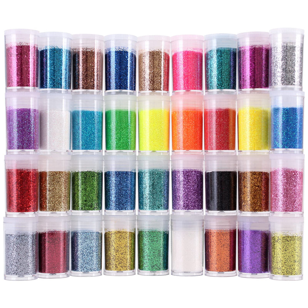 Licool Glitter 36-color bottles displaying vibrant shimmer for nails and crafts.