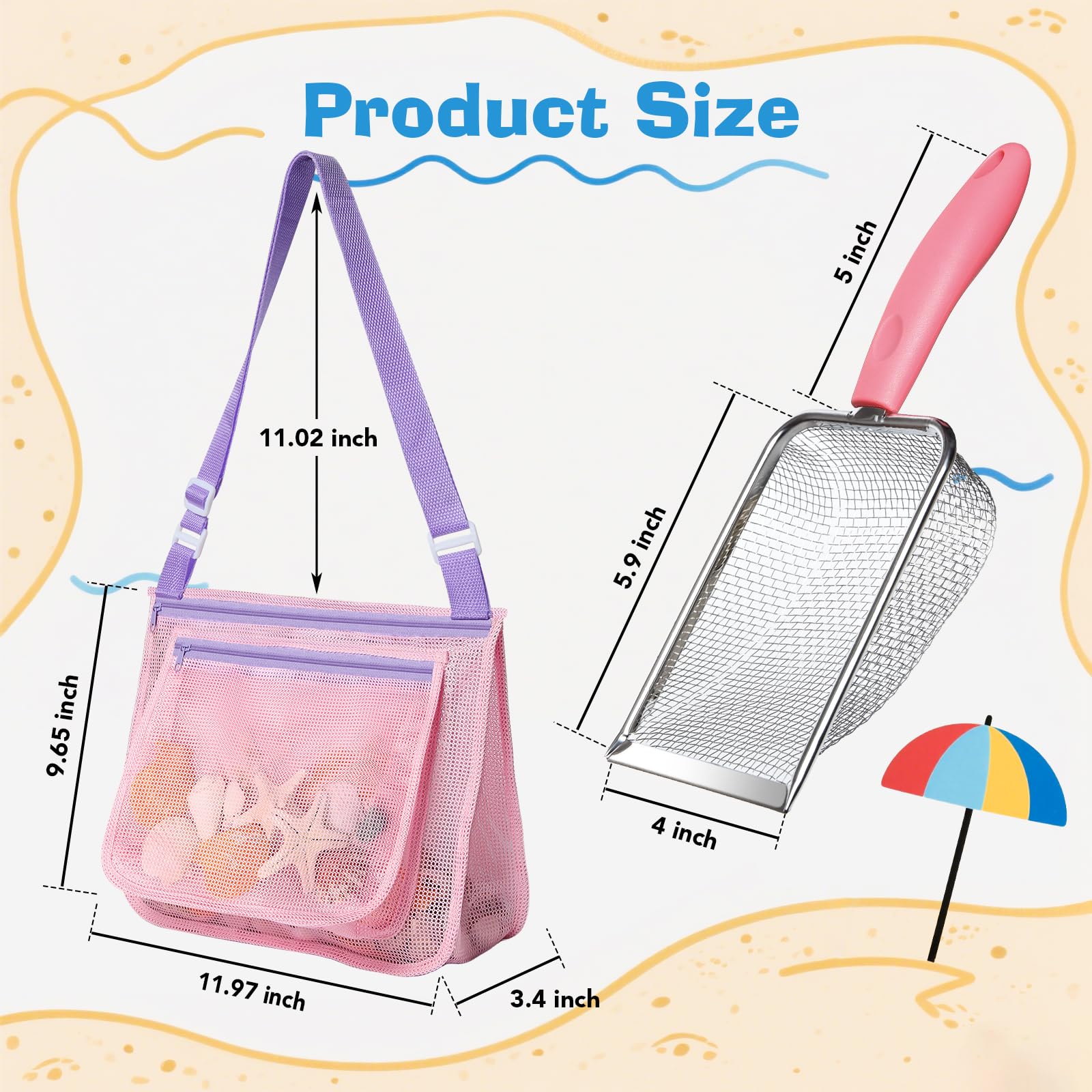 LIDAGO mesh beach bag with two zip pockets for secure shell treasures