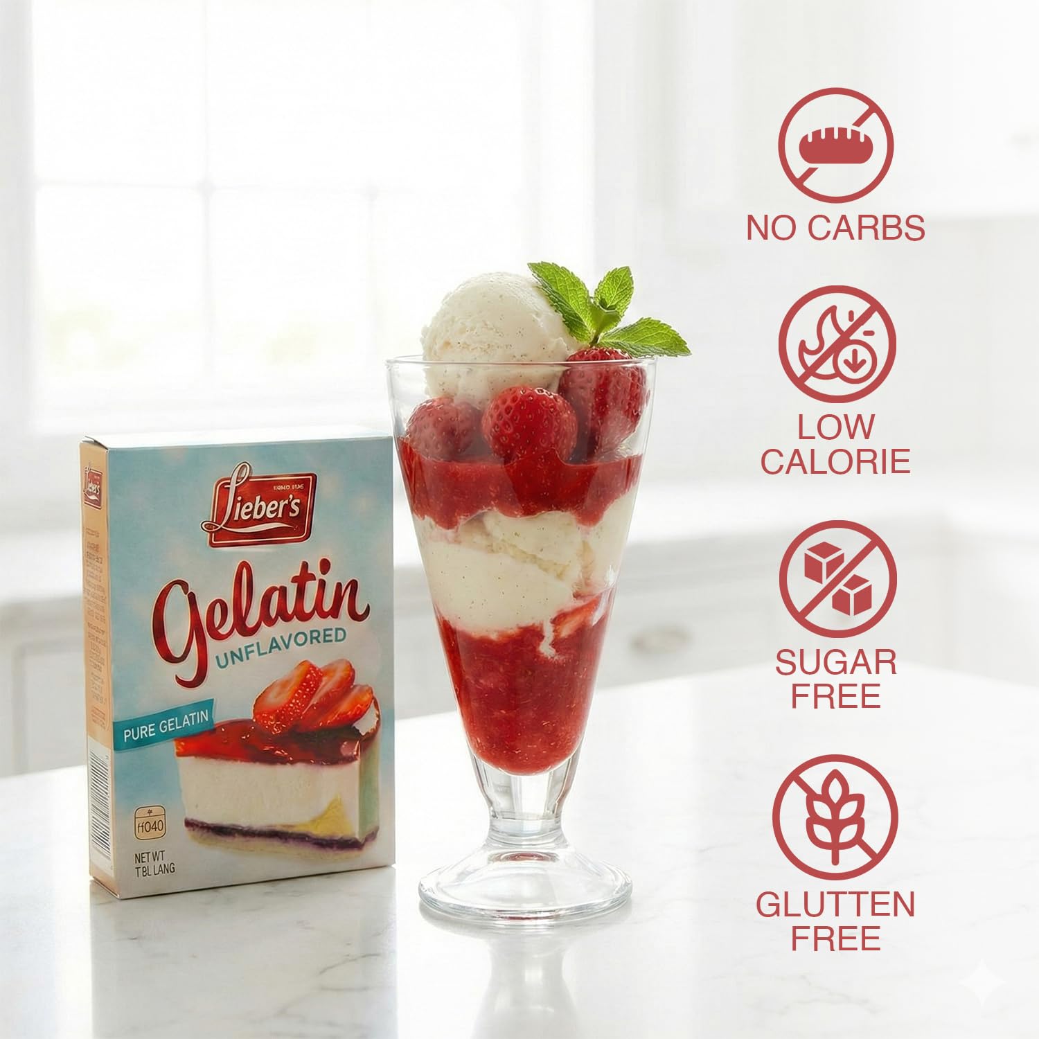 Kosher and gluten-free Lieber's gelatin packaging for dietary-friendly use.
