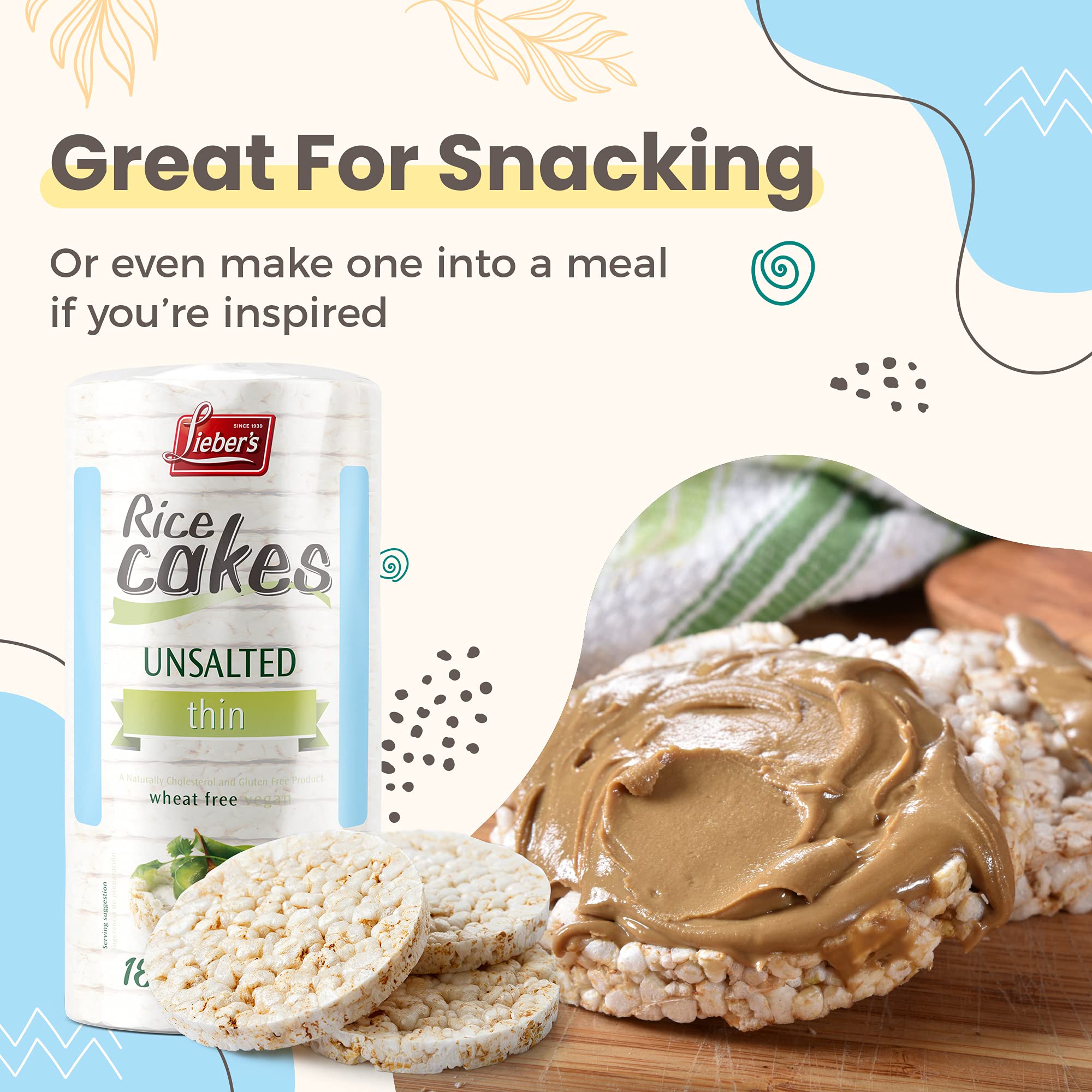 Lieber's Rice Cakes with hummus and cucumber shows a protein-friendly snack.