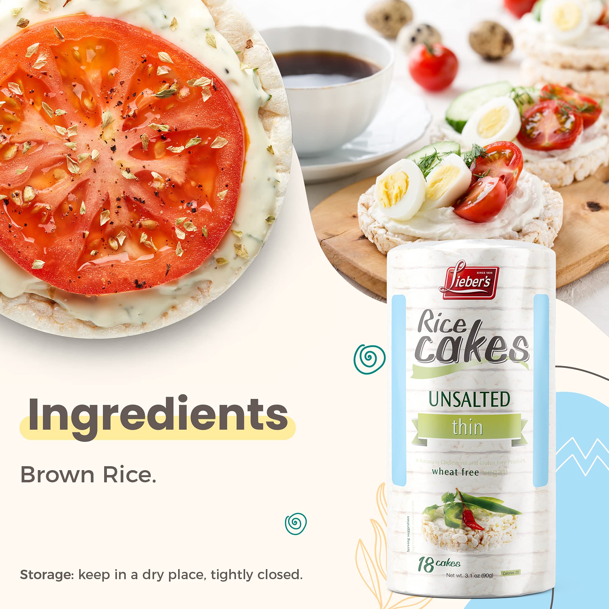 Lieber's Rice Cakes with kosher-certified seal suitable for various diet needs.