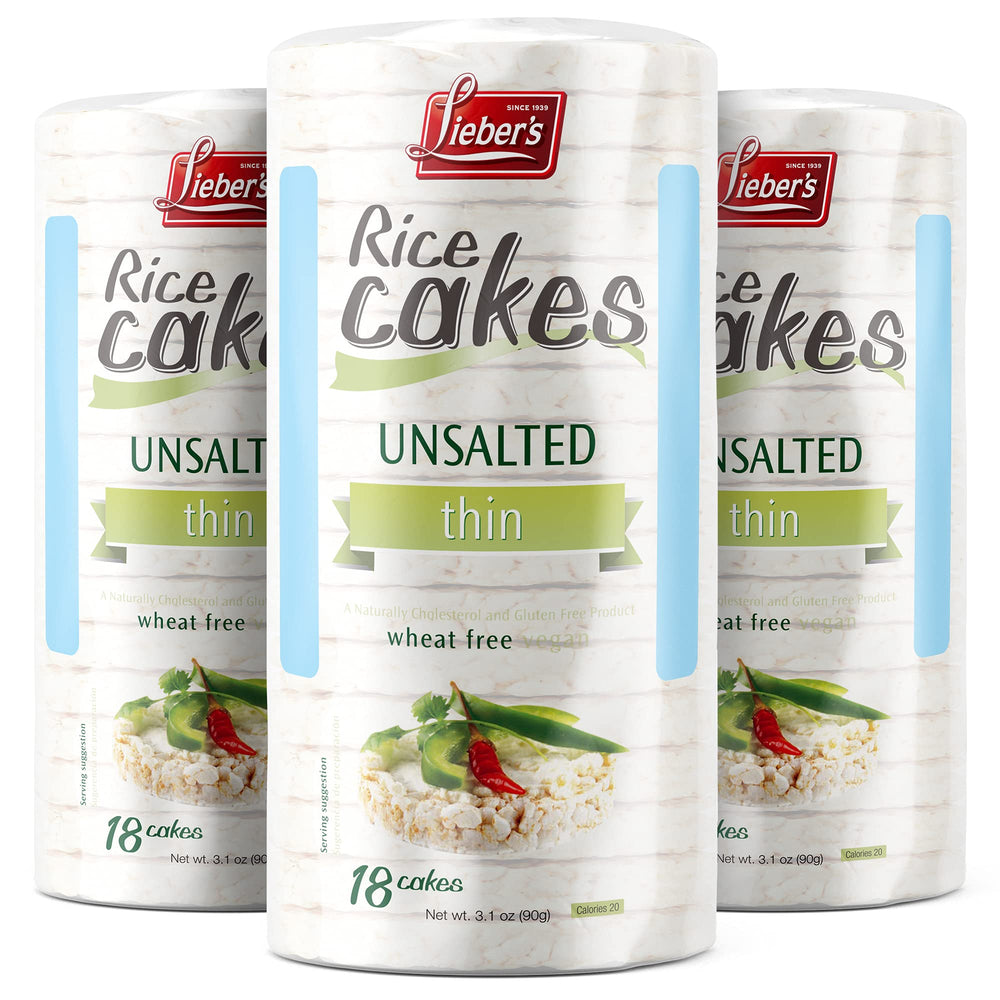 Lieber's Rice Cakes packaging showing unsalted option, ideal for gluten-free snacking.