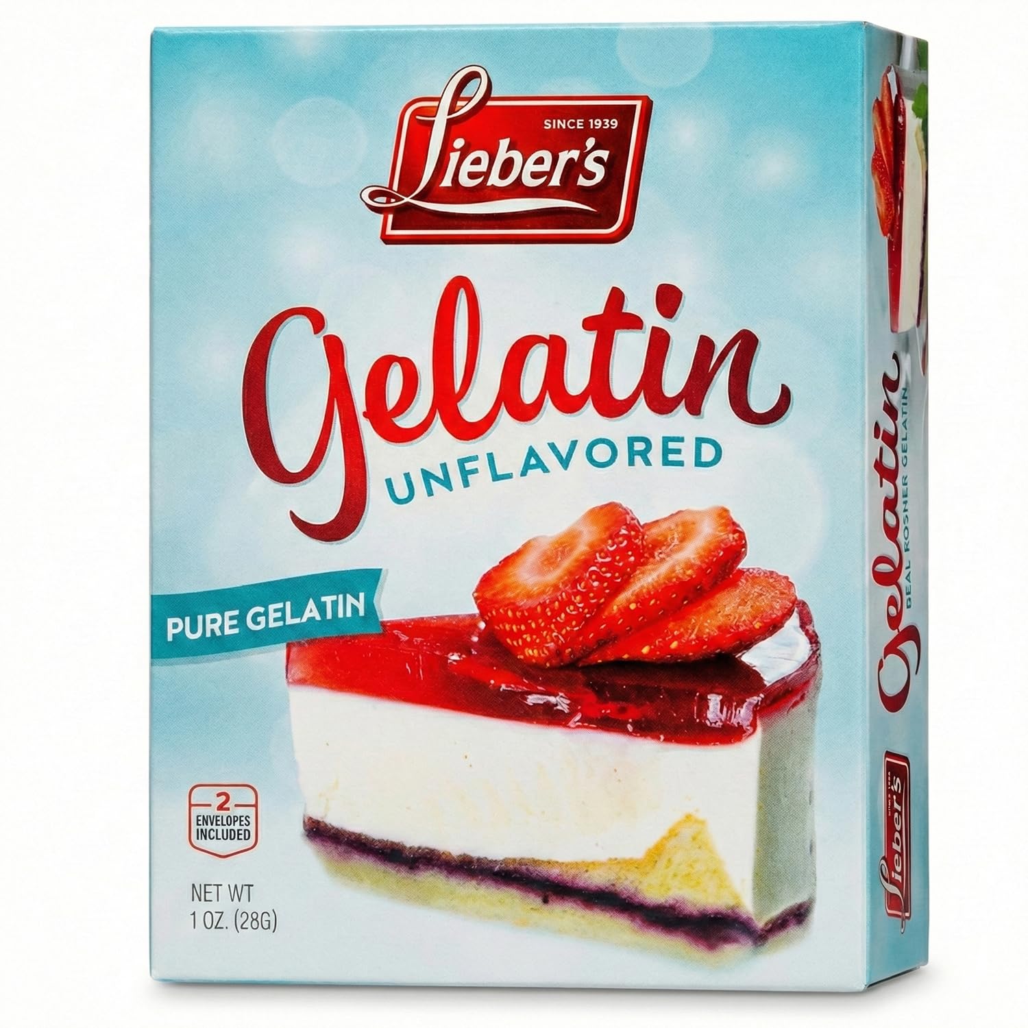 Lieber's unflavored gelatin box with two packets for versatile thickening and sugar-free recipes.
