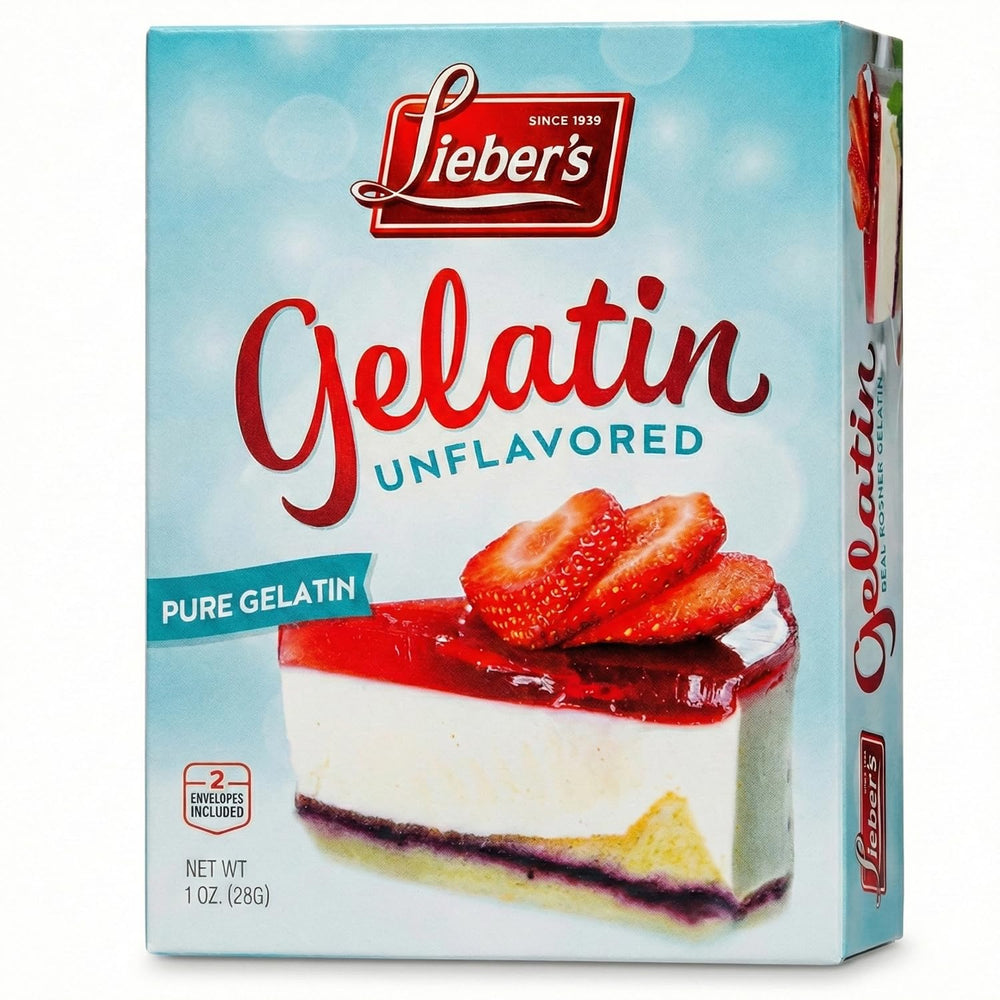 Lieber's unflavored gelatin box with two packets for versatile thickening and sugar-free recipes.