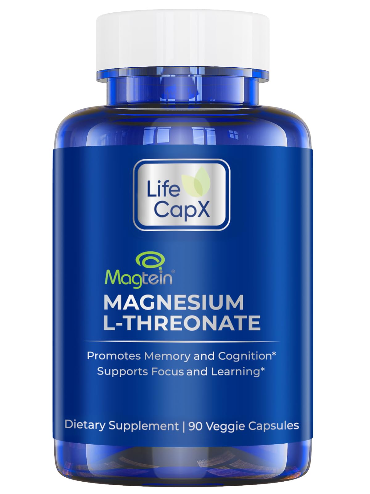 Life Capx Magtein capsules bottle highlights high-absorption magnesium for cognitive support.